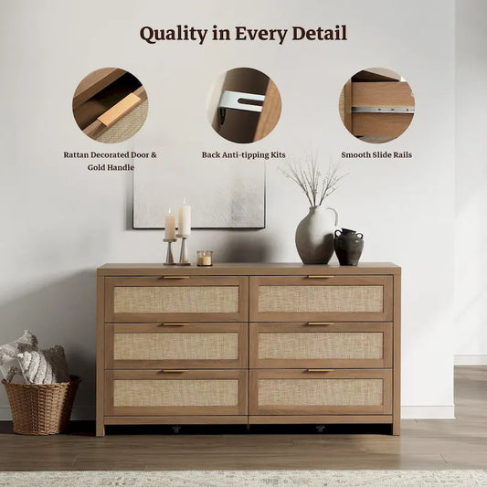 Set of 2 Elegant Right Angled Dresser with 6 Rattan Woven Drawers