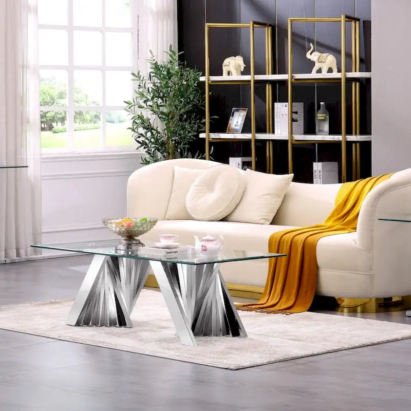 Modern Coffee Table Clear Tempered Glass Living Room Coffee Table with Geometric Base