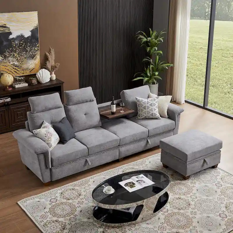 109 Modern 4 Seaters Towelling Sectional Sofa with Hidden Coffee Table and Large Storage Space