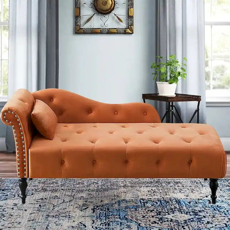 60W Velvet Chaise Lounge, Tufted with Pillow & Nailhead Decorate - 60.6W x 27.5D x 28.3H