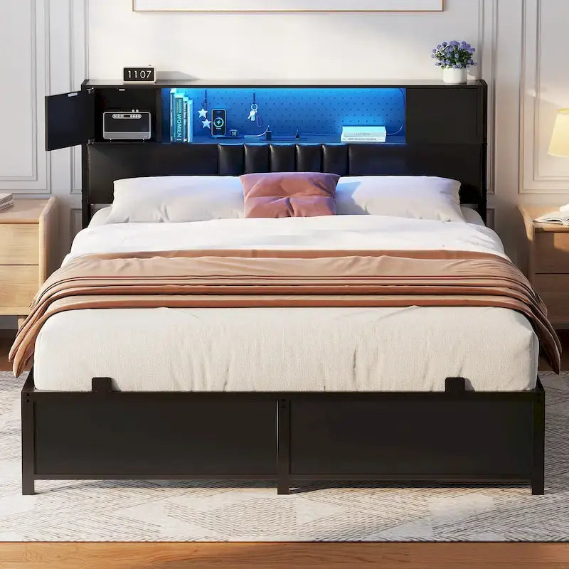 Farmhouse Bed Frame with Holey Board, Upholstered Headboard Platform Bed with Charging Station