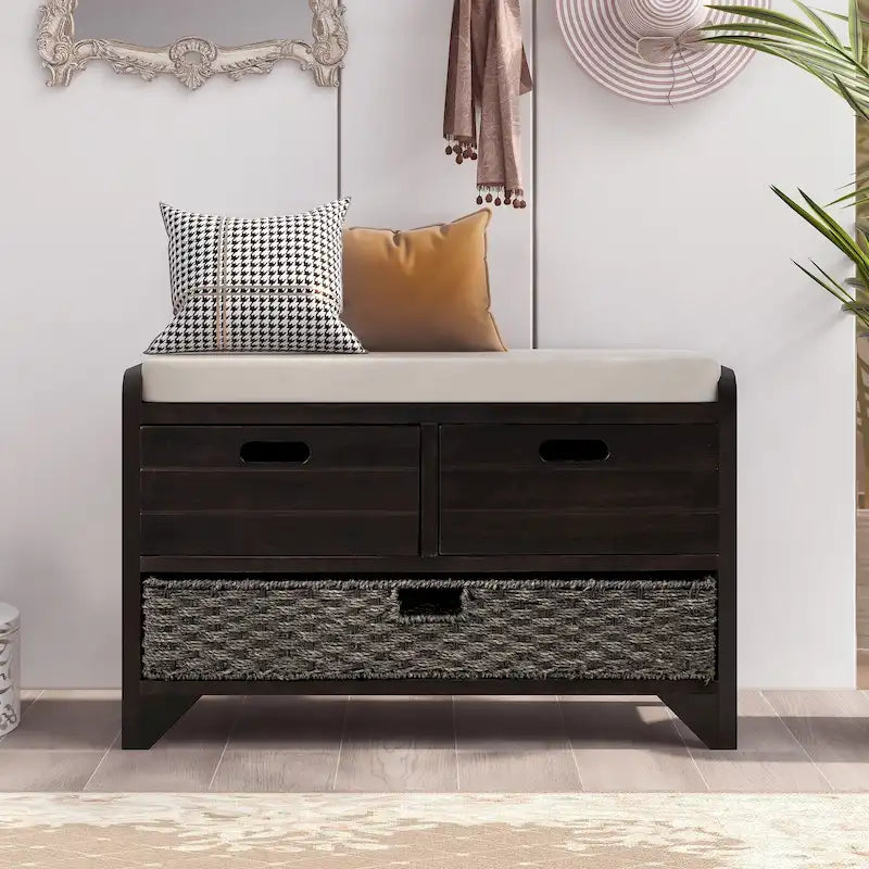 Storage Bench with Removable Basket and 2 Drawers, Fully Assembled Shoe Bench with Removable Cushion