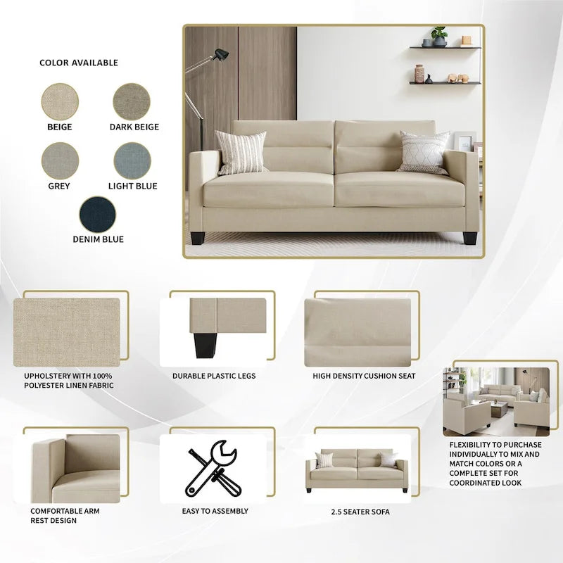 CraftPorch Clean and Minimalist Linen Upholstered 3-Piece Living Room Set