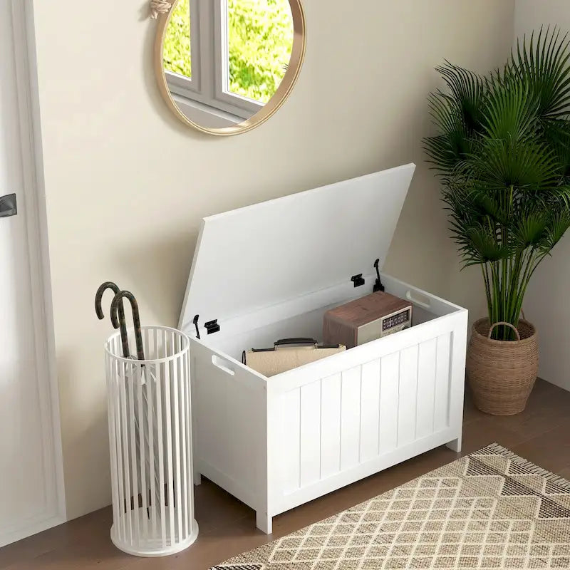 HOMCOM Storage Chest, Wooden Box with 2 Safety Hinges and Cut-out Handles, Modern Storage Trunk for Living Room, Entryway