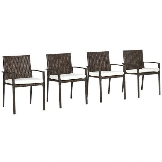 Outsunny 4 Piece PE Rattan Outdoor Dining Chairs with Cushion, Patio Wicker Dining Chair Set with Backrest, Armrests for Patio