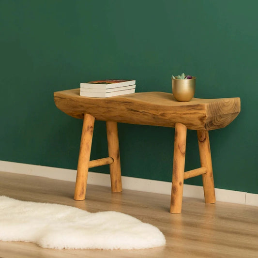 Rustic Carved Wood Natural Edge Entryway Log Accent Bench