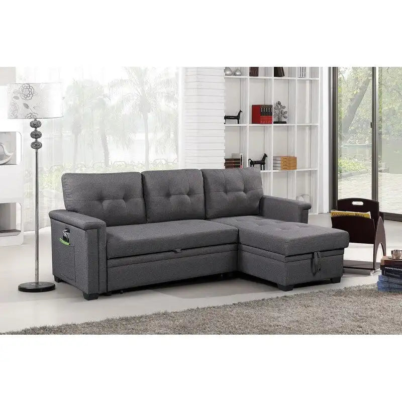 Ashlyn 84-inch Dark Gray Reversible Sleeper Sectional Sofa with Storage Chaise and USB Charging Ports - 84W x 54D x 35H