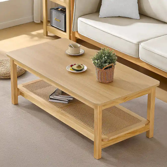 2-Tier Rectangular Coffee Table with Rattan Storage Shelf - 47.2L x 23.6W x 17.7H