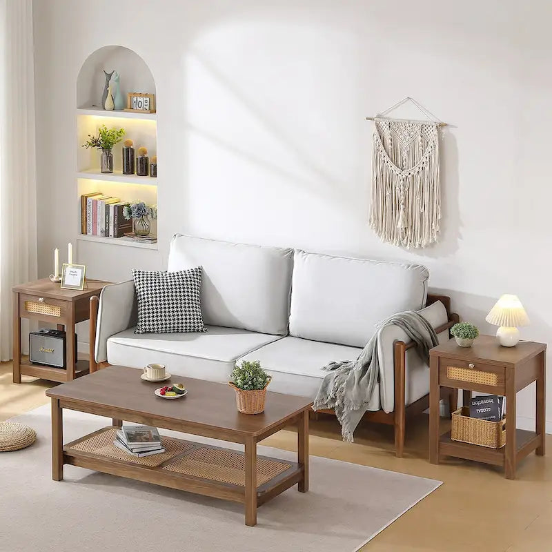 2-Tier Rectangular Coffee Table with Rattan Storage Shelf - 47.2L x 23.6W x 17.7H