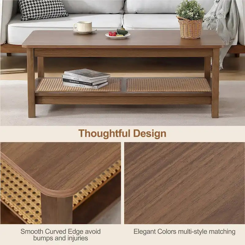 2-Tier Rectangular Coffee Table with Rattan Storage Shelf - 47.2L x 23.6W x 17.7H