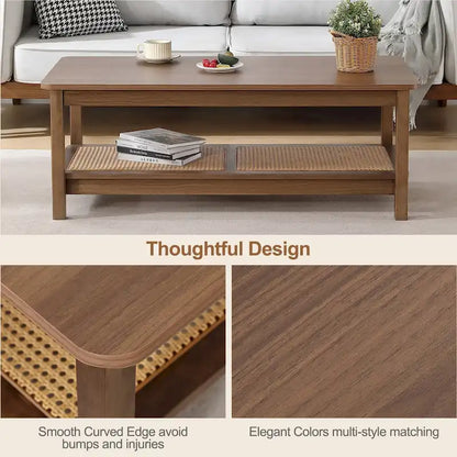 2-Tier Rectangular Coffee Table with Rattan Storage Shelf - 47.2L x 23.6W x 17.7H