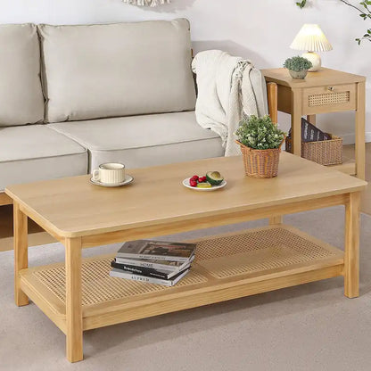 2-Tier Rectangular Coffee Table with Rattan Storage Shelf - 47.2L x 23.6W x 17.7H