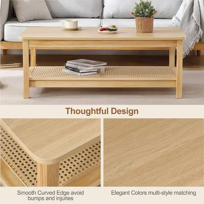 2-Tier Rectangular Coffee Table with Rattan Storage Shelf - 47.2L x 23.6W x 17.7H