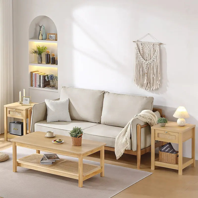 2-Tier Rectangular Coffee Table with Rattan Storage Shelf - 47.2L x 23.6W x 17.7H