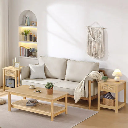 2-Tier Rectangular Coffee Table with Rattan Storage Shelf - 47.2L x 23.6W x 17.7H