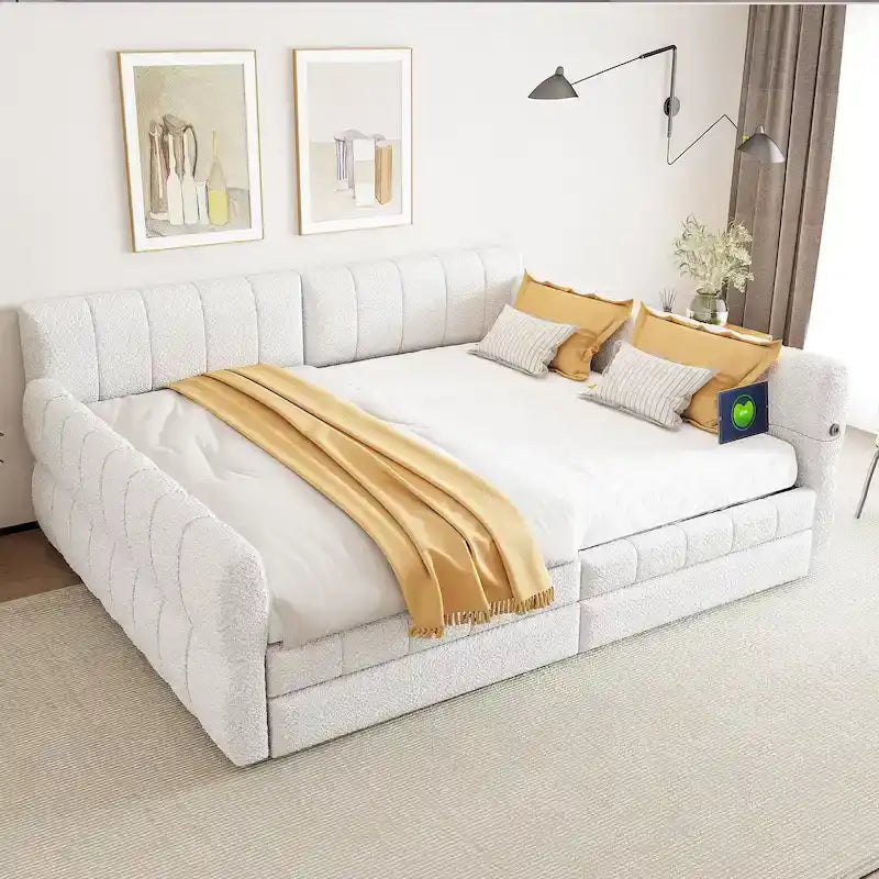 Queen Size Upholstered Bed with USB Charging - Platform Bed Frame with 2 Storage Drawers - Luxurious Fabric Headboard Included