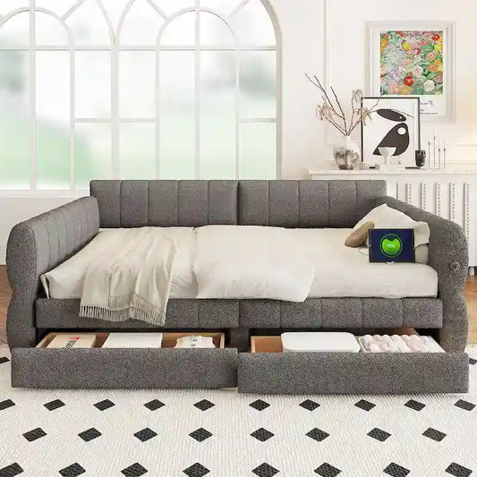 Queen Size Upholstered Bed with USB Charging - Platform Bed Frame with 2 Storage Drawers - Luxurious Fabric Headboard Included