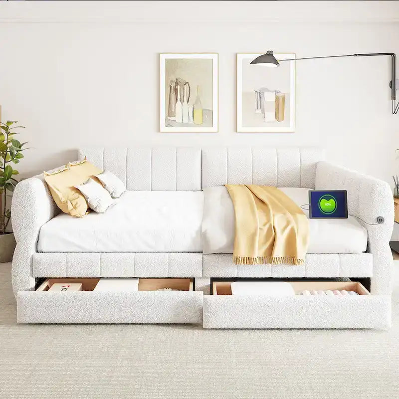 Queen Size Upholstered Bed with USB Charging - Platform Bed Frame with 2 Storage Drawers - Luxurious Fabric Headboard Included