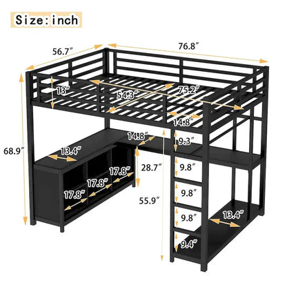 Metal Loft Bed with Wardrobe & L-Shaped Desk - Queen/Full Size Space-Saving Bed with Storage Cubes & Shelves for Teens/Adults