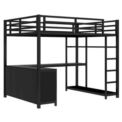 Metal Loft Bed with Wardrobe & L-Shaped Desk - Queen/Full Size Space-Saving Bed with Storage Cubes & Shelves for Teens/Adults