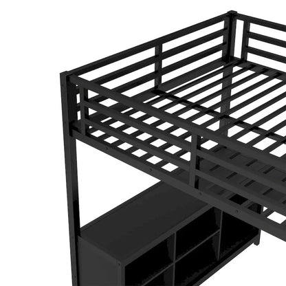 Metal Loft Bed with Wardrobe & L-Shaped Desk - Queen/Full Size Space-Saving Bed with Storage Cubes & Shelves for Teens/Adults