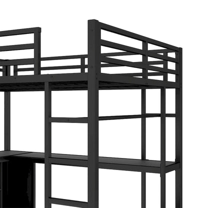 Metal Loft Bed with Wardrobe & L-Shaped Desk - Queen/Full Size Space-Saving Bed with Storage Cubes & Shelves for Teens/Adults