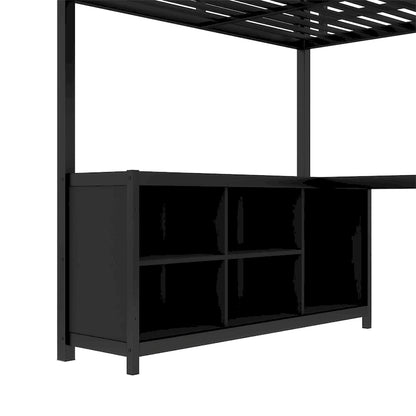 Metal Loft Bed with Wardrobe & L-Shaped Desk - Queen/Full Size Space-Saving Bed with Storage Cubes & Shelves for Teens/Adults