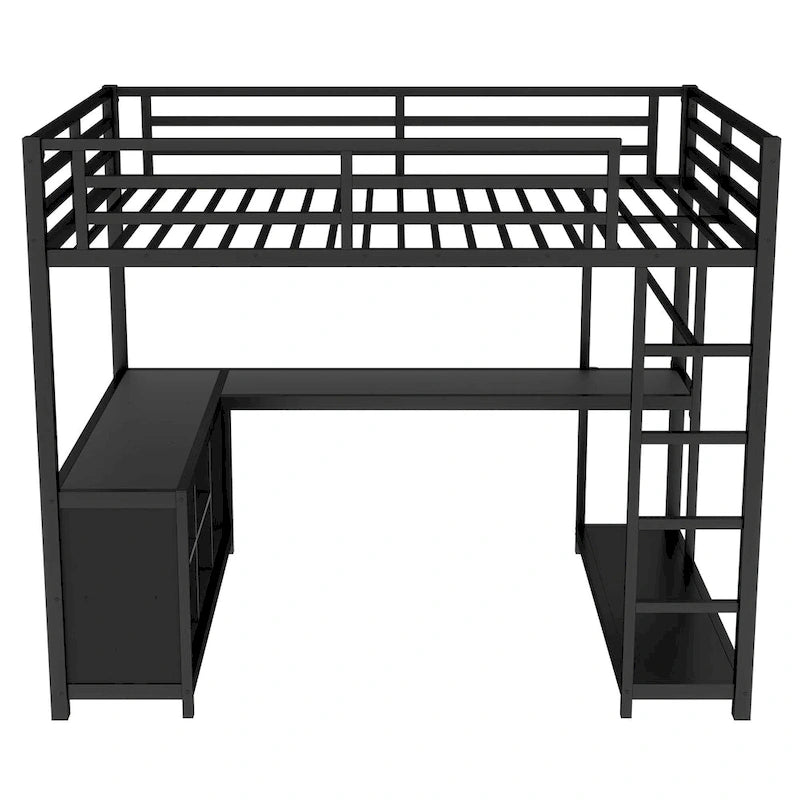 Metal Loft Bed with Wardrobe & L-Shaped Desk - Queen/Full Size Space-Saving Bed with Storage Cubes & Shelves for Teens/Adults