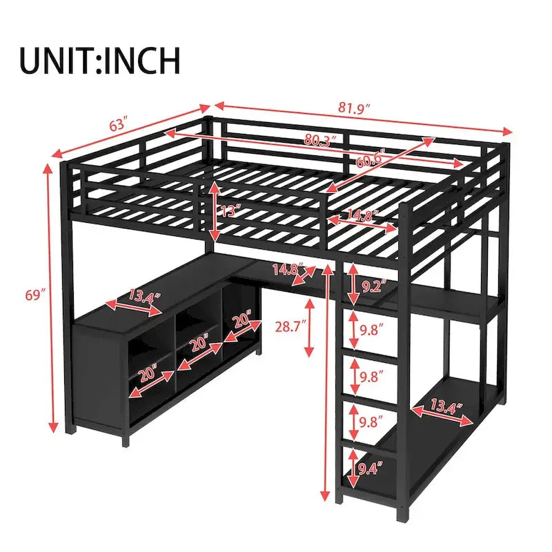 Metal Loft Bed with Wardrobe & L-Shaped Desk - Queen/Full Size Space-Saving Bed with Storage Cubes & Shelves for Teens/Adults
