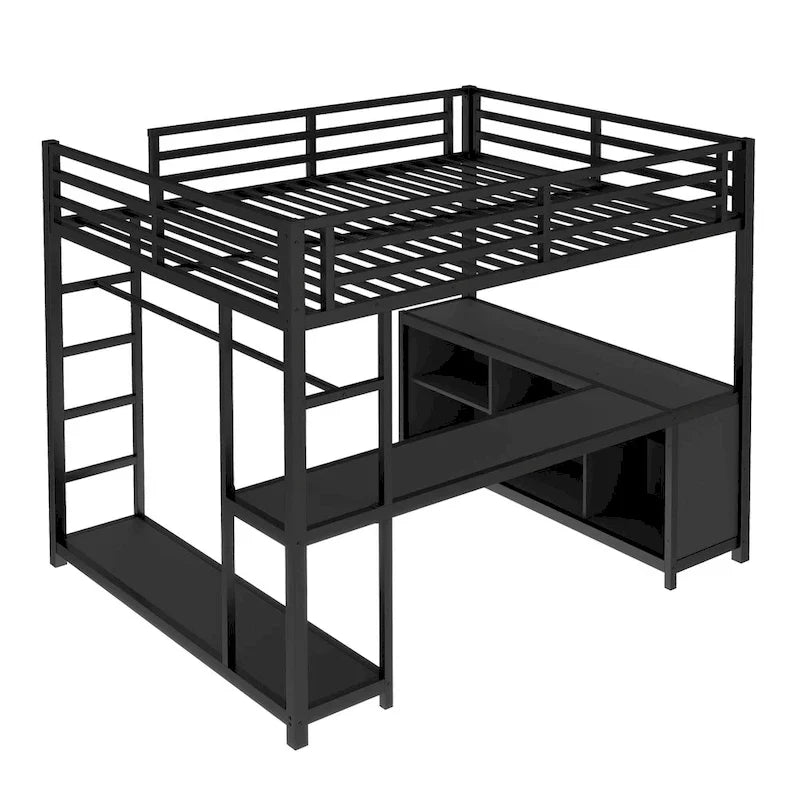Metal Loft Bed with Wardrobe & L-Shaped Desk - Queen/Full Size Space-Saving Bed with Storage Cubes & Shelves for Teens/Adults