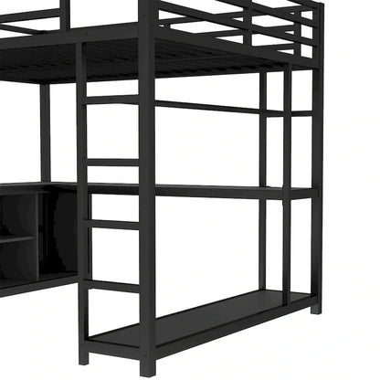 Metal Loft Bed with Wardrobe & L-Shaped Desk - Queen/Full Size Space-Saving Bed with Storage Cubes & Shelves for Teens/Adults