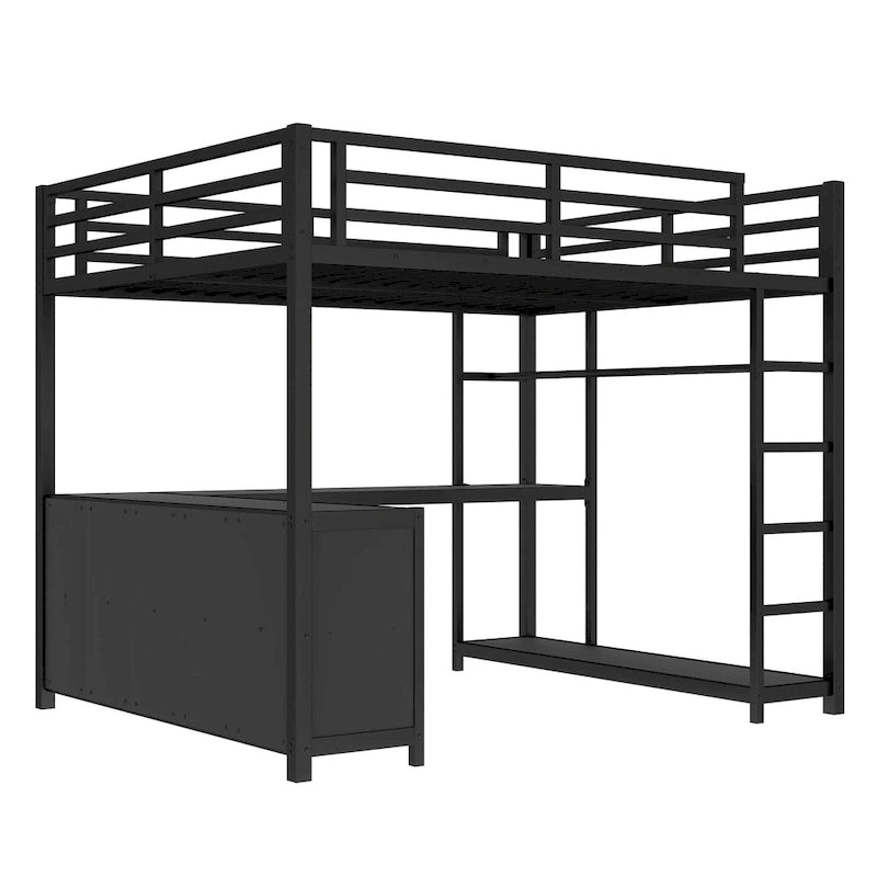 Metal Loft Bed with Wardrobe & L-Shaped Desk - Queen/Full Size Space-Saving Bed with Storage Cubes & Shelves for Teens/Adults