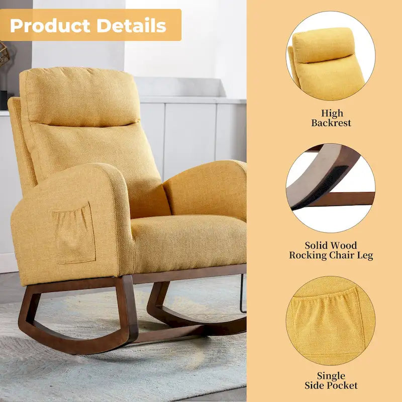 Modern Glider Chair, Recliner Armchair with Wood Legs and Side Pocket, Nursery Rocking Accent Chair with High Back