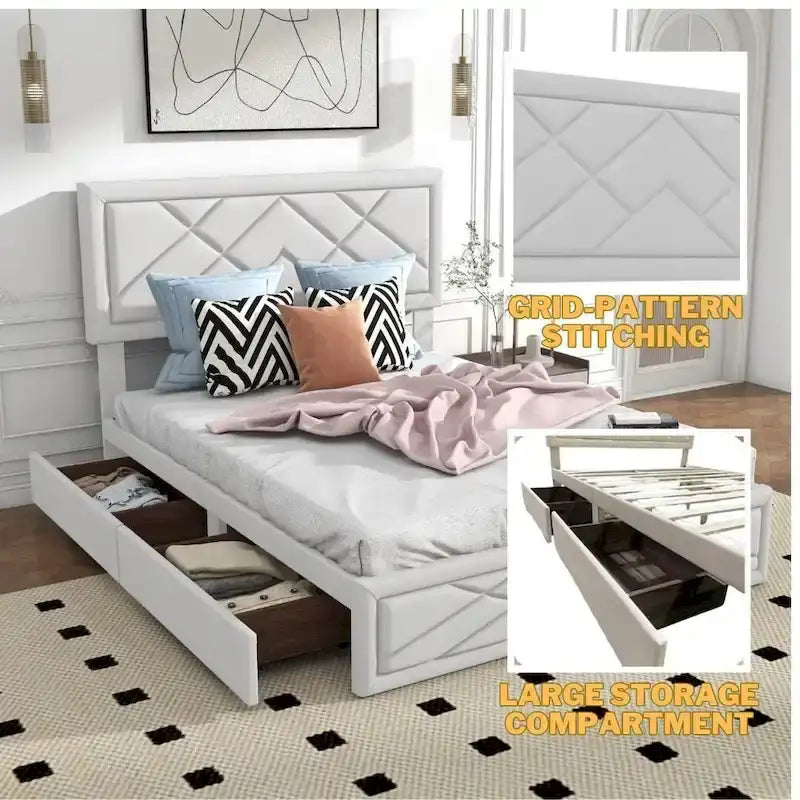 Queen Size Platform Bed with Headboard & Storage Frame