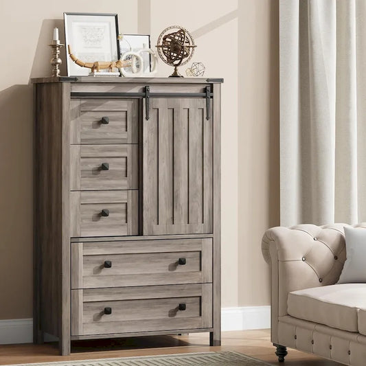 5 Drawer Dresser, Farmhouse Chest of Drawer with Sliding Barn Door