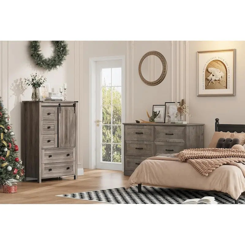 5 Drawer Dresser, Farmhouse Chest of Drawer with Sliding Barn Door