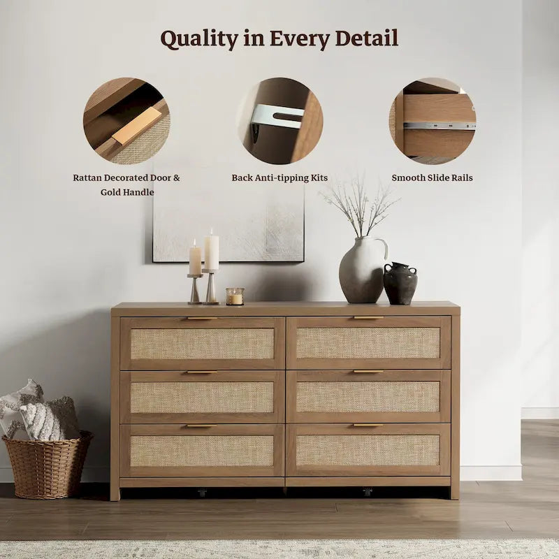 Set of 2 Elegant Right Angled Dresser with 6 Rattan Woven Drawers