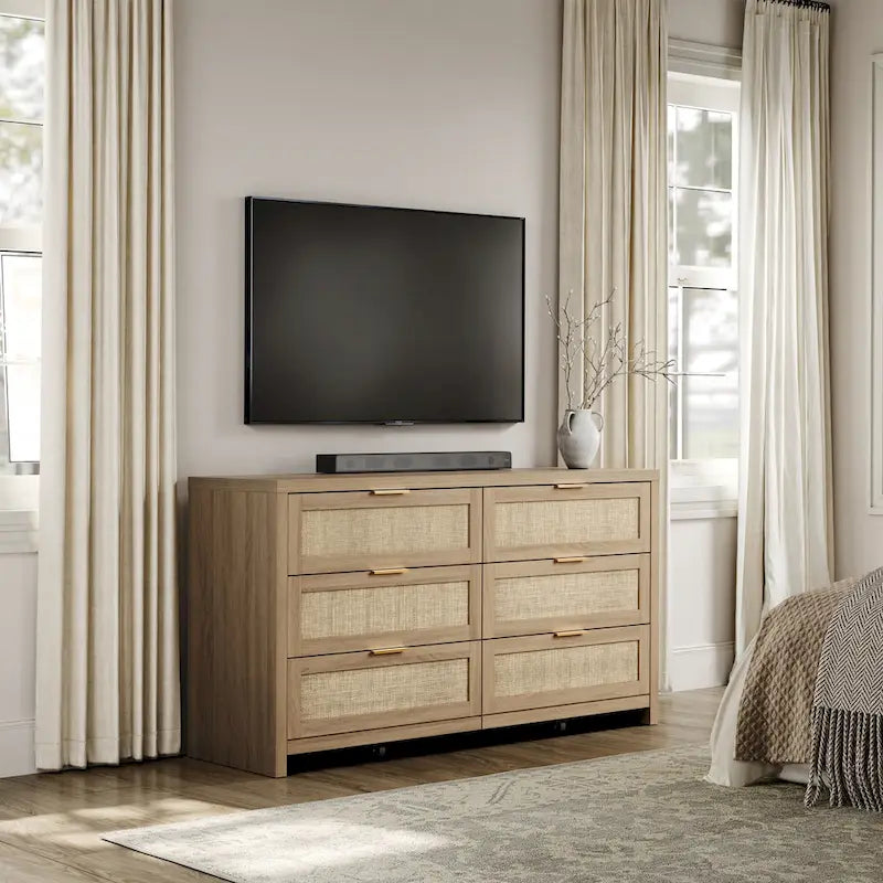 Set of 2 Elegant Right Angled Dresser with 6 Rattan Woven Drawers