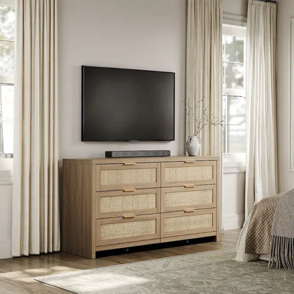 Set of 2 Elegant Right Angled Dresser with 6 Rattan Woven Drawers