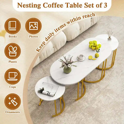 Costway Nesting Coffee Table Set of 3 with Faux Marble Tabletop & - See Details