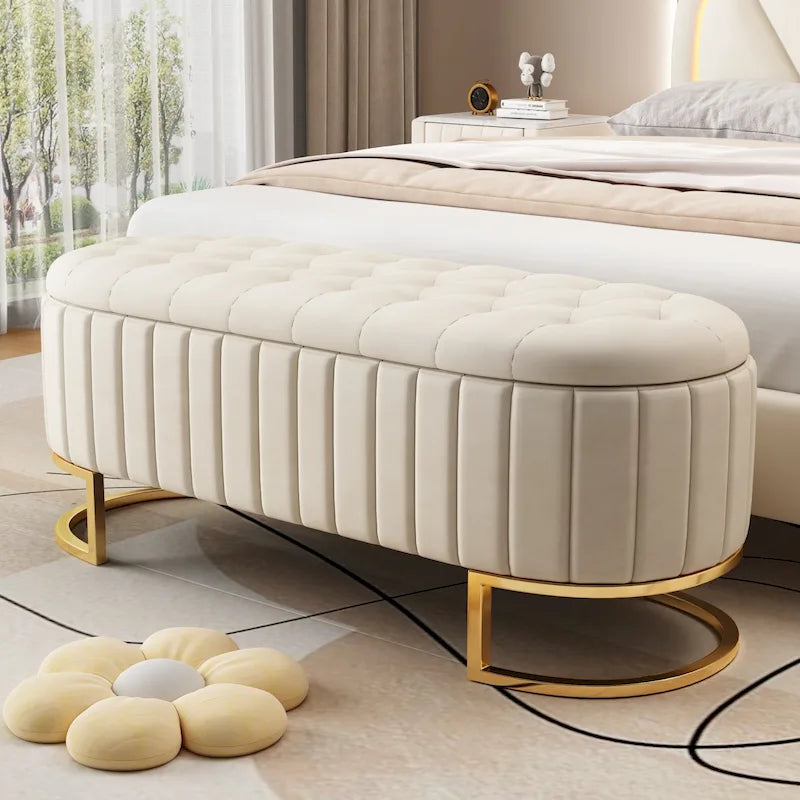 Roomfitters Elegant Velvet Storage Ottoman with Button-Tufted Design, Upholstered Bench with Metal Legs for Bedroom