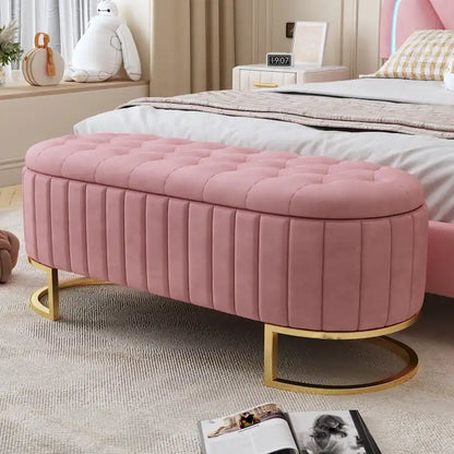 Roomfitters Elegant Velvet Storage Ottoman with Button-Tufted Design, Upholstered Bench with Metal Legs for Bedroom