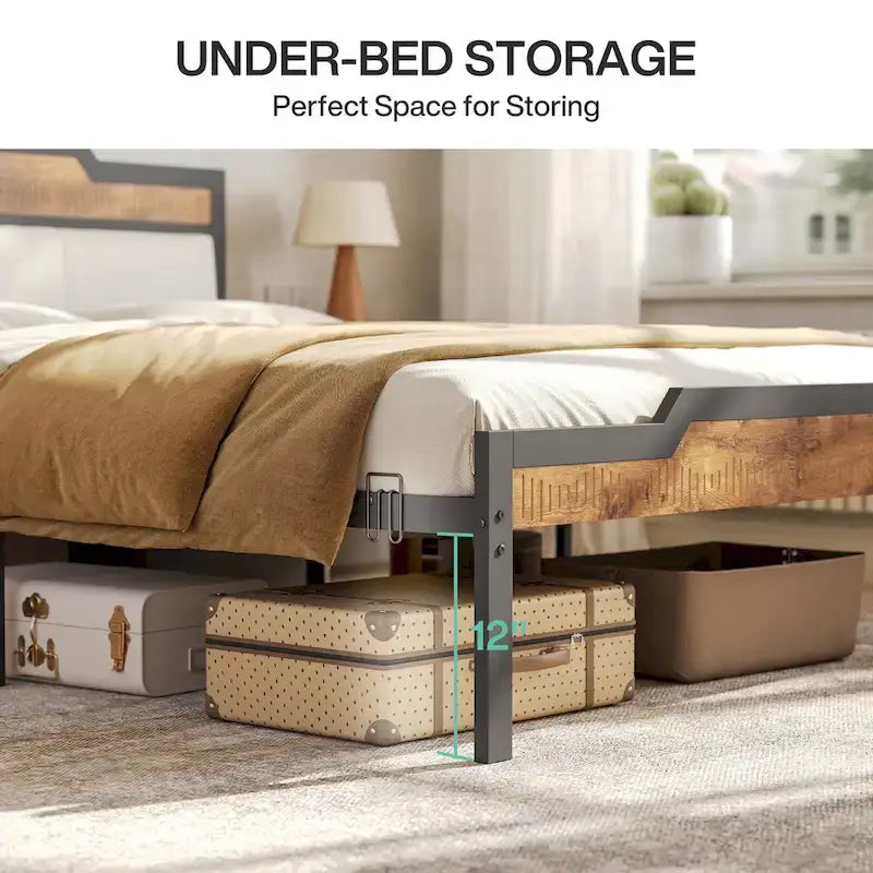 Queen Size Bed Frame with Headboard and Footboard, Under-bed Storage, Brown