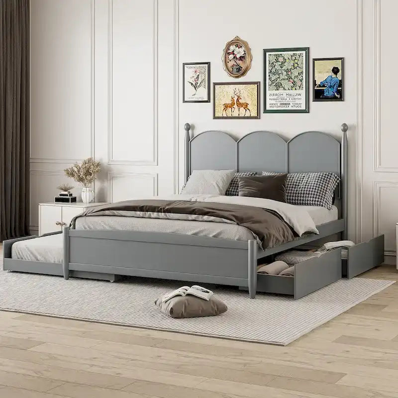 Queen Size Platform Bed with 2 Drawers, Multifunctional Storage Bed Frame with Twin XL Size Trundle
