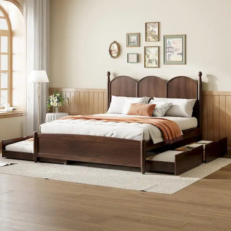 Queen Size Platform Bed with 2 Drawers, Multifunctional Storage Bed Frame with Twin XL Size Trundle