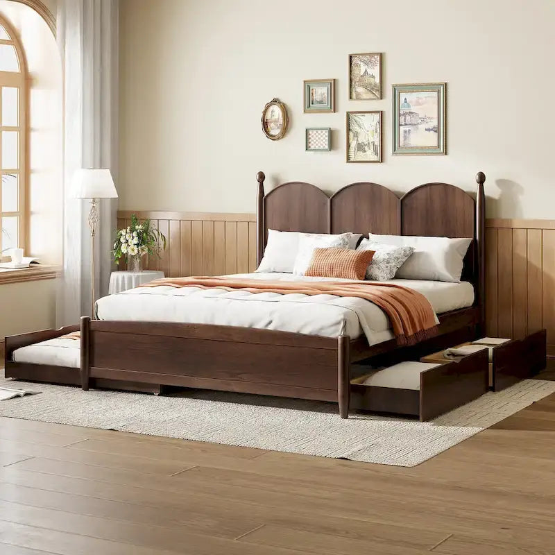 Queen Size Platform Bed with 2 Drawers, Multifunctional Storage Bed Frame with Twin XL Size Trundle