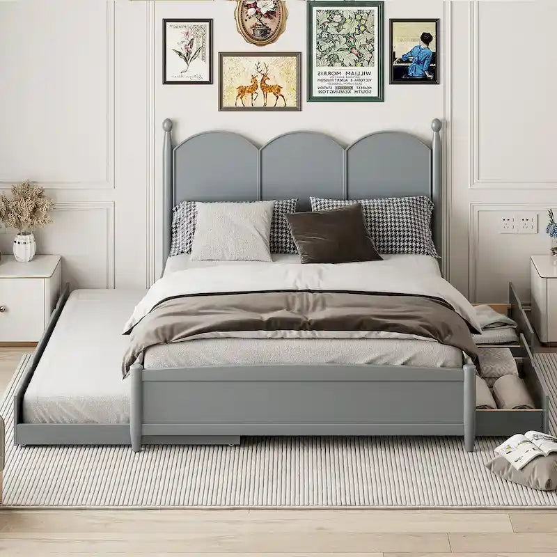 Queen Size Platform Bed with 2 Drawers, Multifunctional Storage Bed Frame with Twin XL Size Trundle