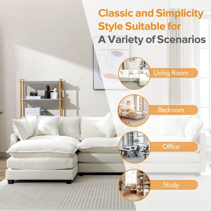 Roomfitters L-Shaped Chenille Upholstered Sofa with Ottoman and 5 Pillows, Modern Luxury Couch for Living Room