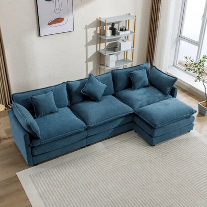 Roomfitters L-Shaped Chenille Upholstered Sofa with Ottoman and 5 Pillows, Modern Luxury Couch for Living Room