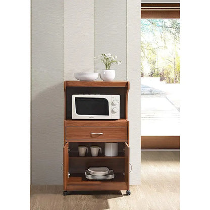 Hodedah Kitchen Dining Room Microwave Shelf Storage Cart with Wheels, Cherry - 60